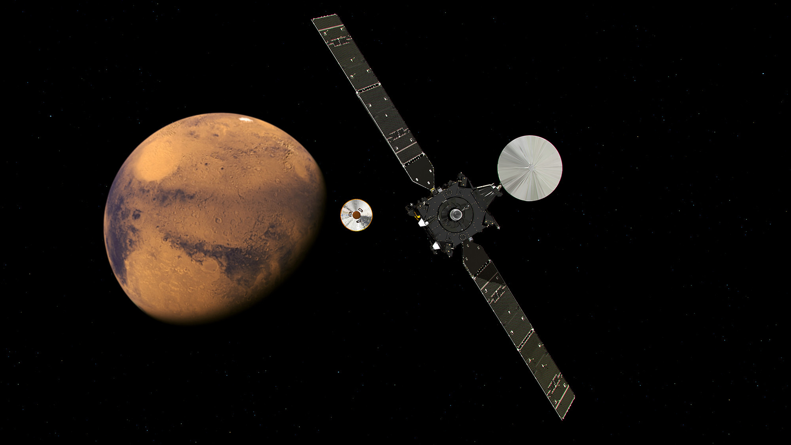 This artist's concept from the European Space Agency depicts the Trace Gas Orbiter and its entry, descent and landing demonstrator module, Schiaparelli, approaching Mars. The separation occurred on Oct. 16, 2016. The orbiter and the lander are components of the ExoMars 2016 mission of ESA and Roscosmos.