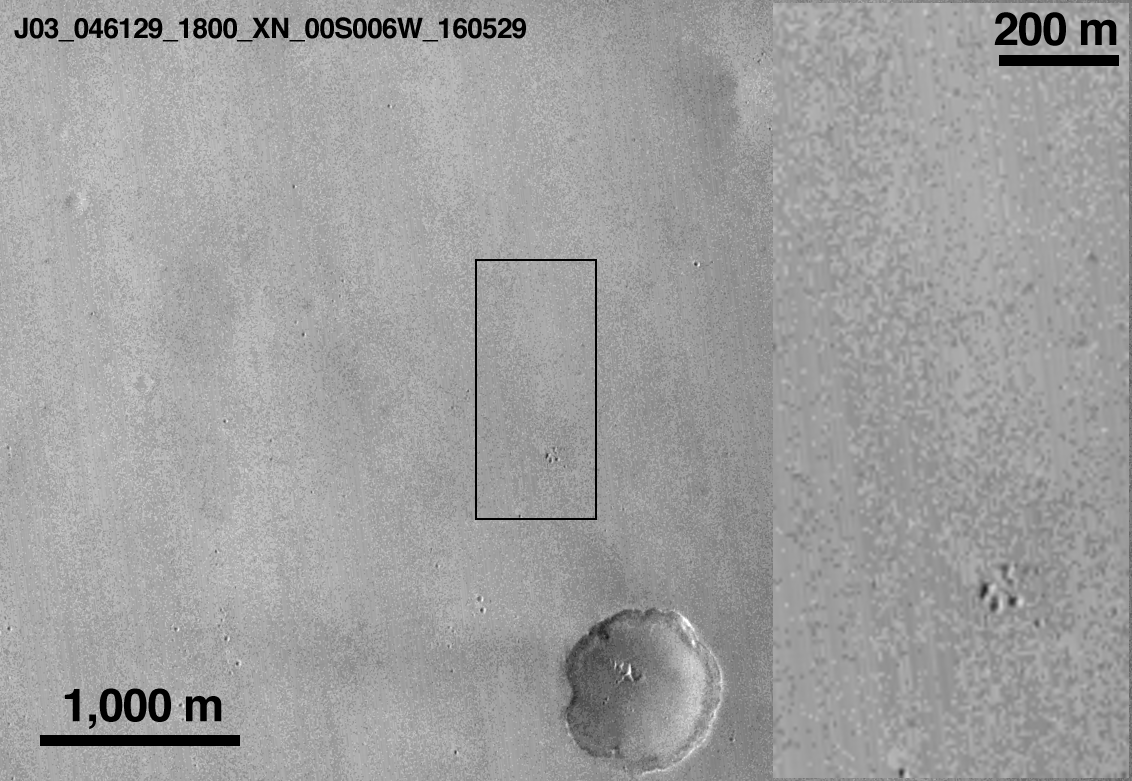This comparison of before-and-after images shows two spots that likely appeared in connection with the Oct. 19, 2016, Mars arrival of the European Space Agency's Schiaparelli test lander. The images are from the Context Camera on NASA's Mars Reconnaissance Orbiter.