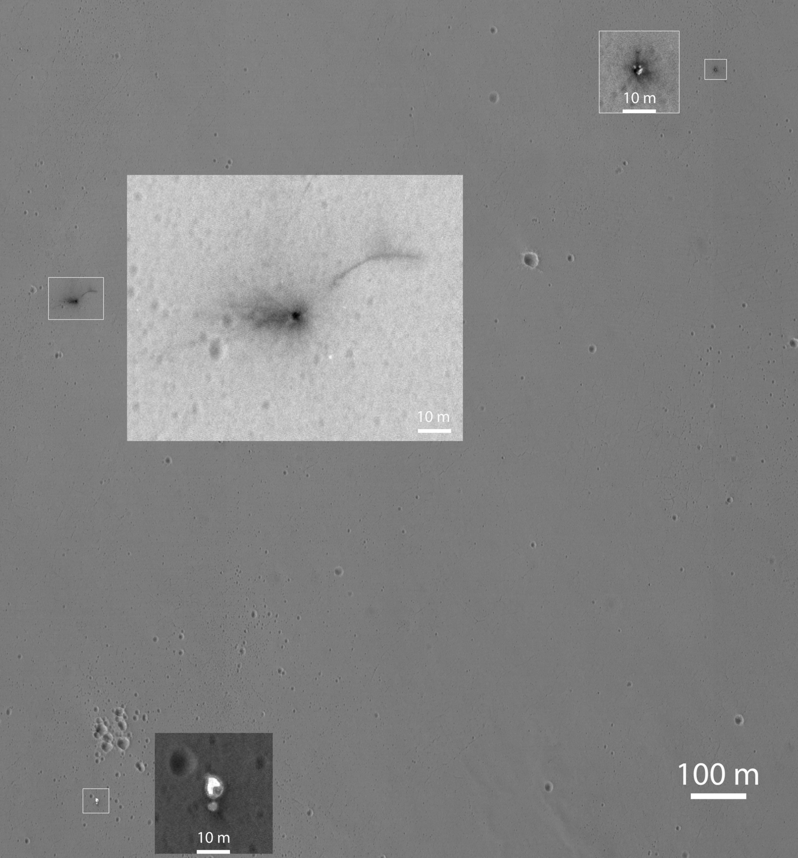 This Oct. 25, 2016, image from the HiRISE camera on NASA's Mars Reconnaissance Orbiter shows the area where the Europe's Schiaparelli test lander struck Mars, with magnified insets of three sites where spacecraft components hit the ground. It adds detail not seen in earlier imaging of the site.