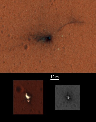 On Nov. 1, 2016, the HiRISE camera on NASA's Mars Reconnaissance Orbiter observed the impact site of Europe's Schiaparelli test lander, gaining the first color view of the site since the lander's Oct. 19 arrival. These cutouts cover locations where three parts of the spacecraft reached the ground.