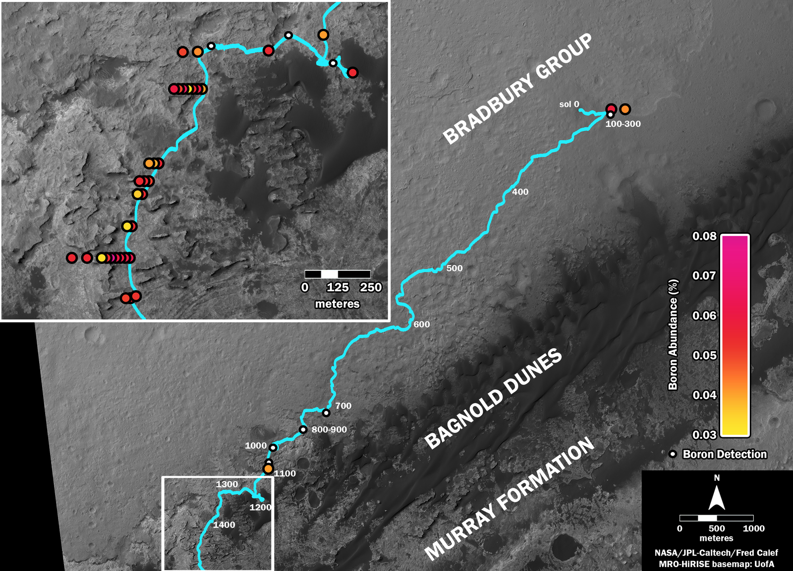 This map shows the route driven by NASA's Curiosity Mars rover (blue line) and locations where the rover's ChemCam instrument detected the element boron (dots, colored by abundance of boron according to the key at right). The inset is a blowup of the most recent portion of the traverse.