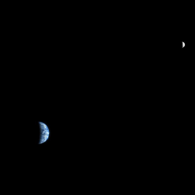 The High Resolution Imaging Science Experiment (HiRISE) camera would make a great backyard telescope for viewing Mars, and we can also use it at Mars to view other planets. This is an image of Earth and the moon, acquired on October 3, 2007, by the HiRISE camera on NASA's Mars Reconnaissance Orbiter.