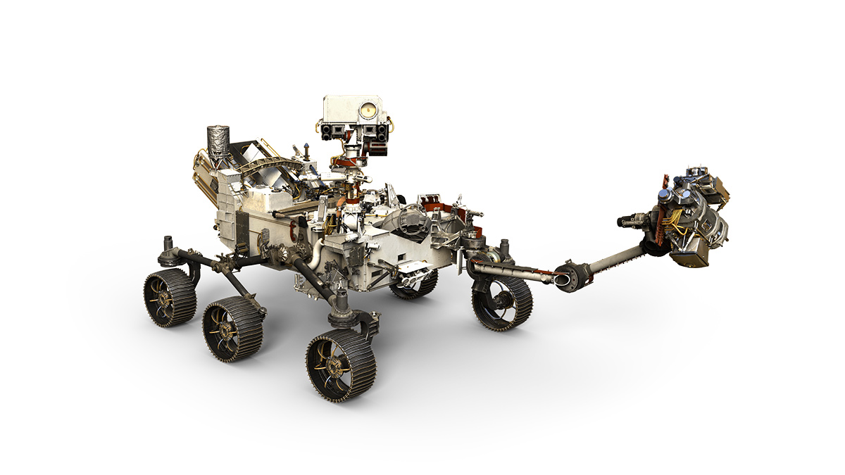 This artist's rendering depicts NASA's Mars 2020 rover, with its robotic arm extended.
