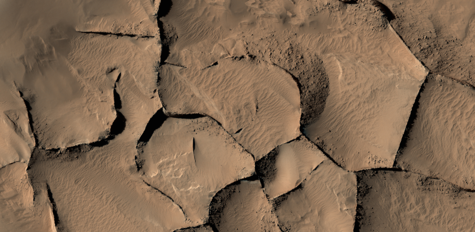 This view from the HiRISE camera on NASA's Mars Reconnaissance Orbiter shows part of an area on Mars where narrow rock ridges, some as tall as a 16-story building, intersect at angles forming corners of polygons.