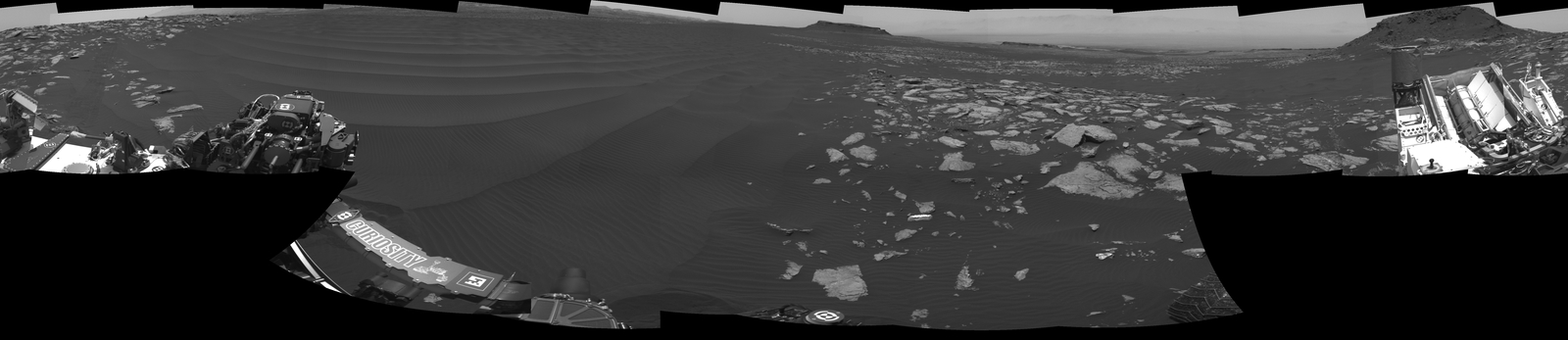 The left side of this 360-degree panorama from NASA's Curiosity Mars rover shows the long rows of ripples on a linear shaped dune in the Bagnold Dune Field on the northwestern flank of Mount Sharp. The rover's Navigation Camera recorded the component images of this mosaic on Feb. 5, 2017.