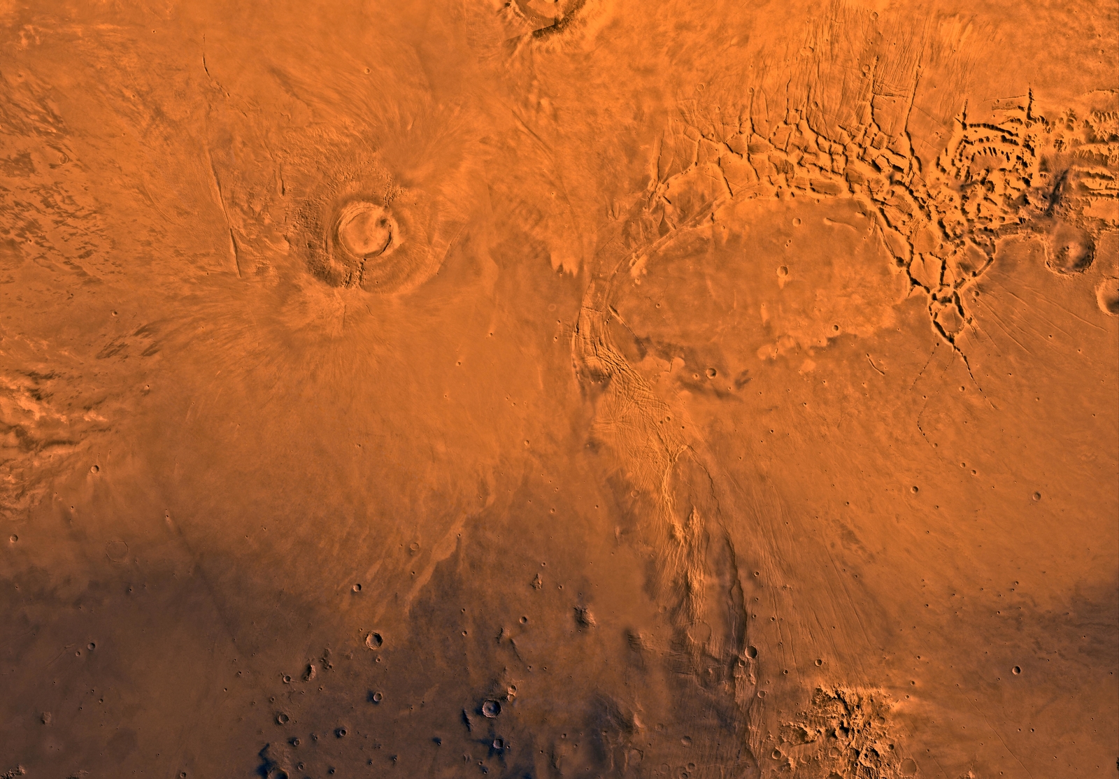 Mars digital-image mosaic merged with color of the MC-17 quadrangle, Phoenicis Lacus region of Mars.