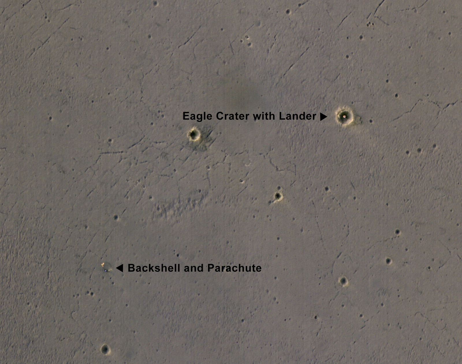 The bright landing  platform left behind by NASA's Mars Exploration Rover Opportunity in 2004 is  visible inside Eagle Crater, where &amp;quot;Opportunity Lander&amp;quot; is indicated  in this annotated, April 8, 2017, image from NASA's Mars Reconnaissance  Orbiter.