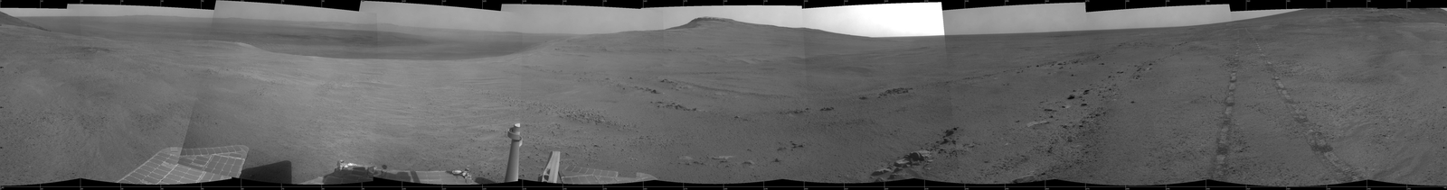 "Perseverance Valley" lies just on the other side of the dip in the crater rim visible in this view from the Navigation Camera (Navcam) on NASA's long-lived Mars Exploration Rover Opportunity, which arrived at this destination in early May 2017 in preparation for driving down the valley.
