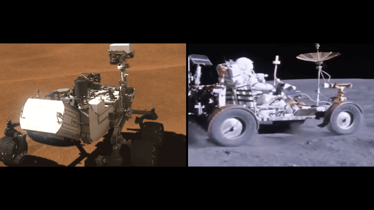 Side-by-side images depict NASA's Curiosity rover (left) and a moon buggy driven during the Apollo 16 mission.