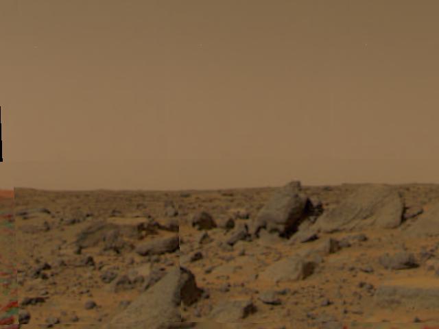 Large boulders are visible in this enlargement of pictures taken by the Imager for Mars Pathfinder (IMP) lander camera on July 4, 1997.
