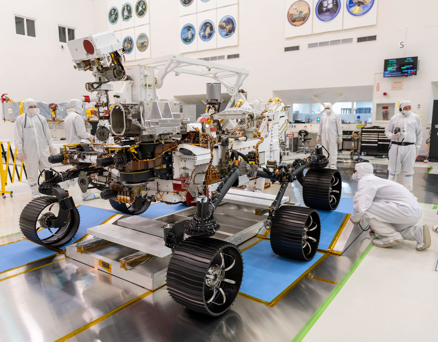 In a clean room at NASA's Jet Propulsion Laboratory in Pasadena, California, engineers observed the first driving test for NASA's Mars 2020 rover on Dec. 17, 2019.