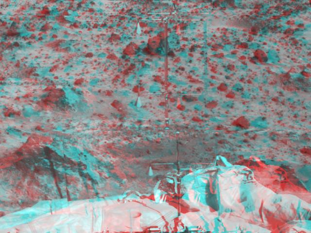 The Atmospheric Structure Instrument/Meteorology Package (ASI/MET) is the mast and windsocks at the center of this stereo image from NASA's Mars Pathfinder. 3D glasses are necessary to identify surface detail.