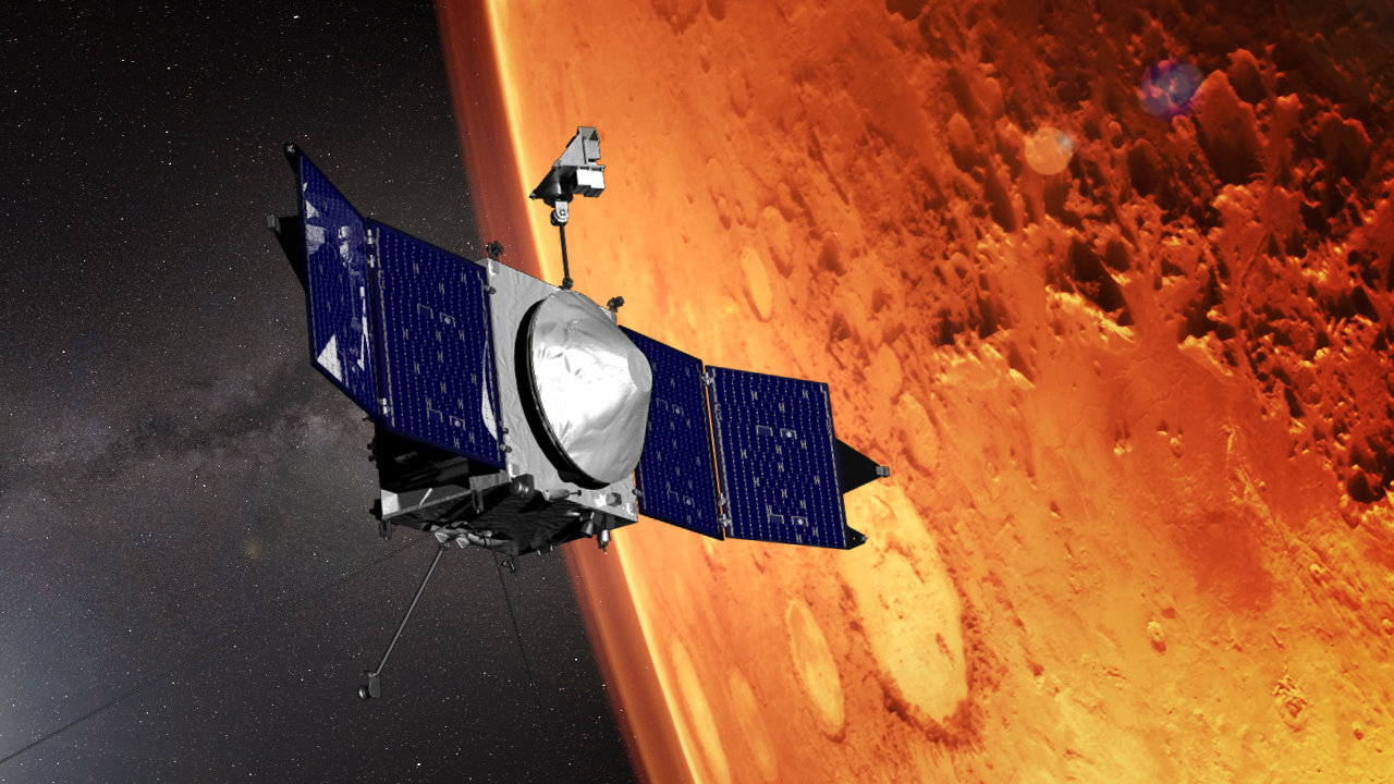 spacecraft orbiting red planet