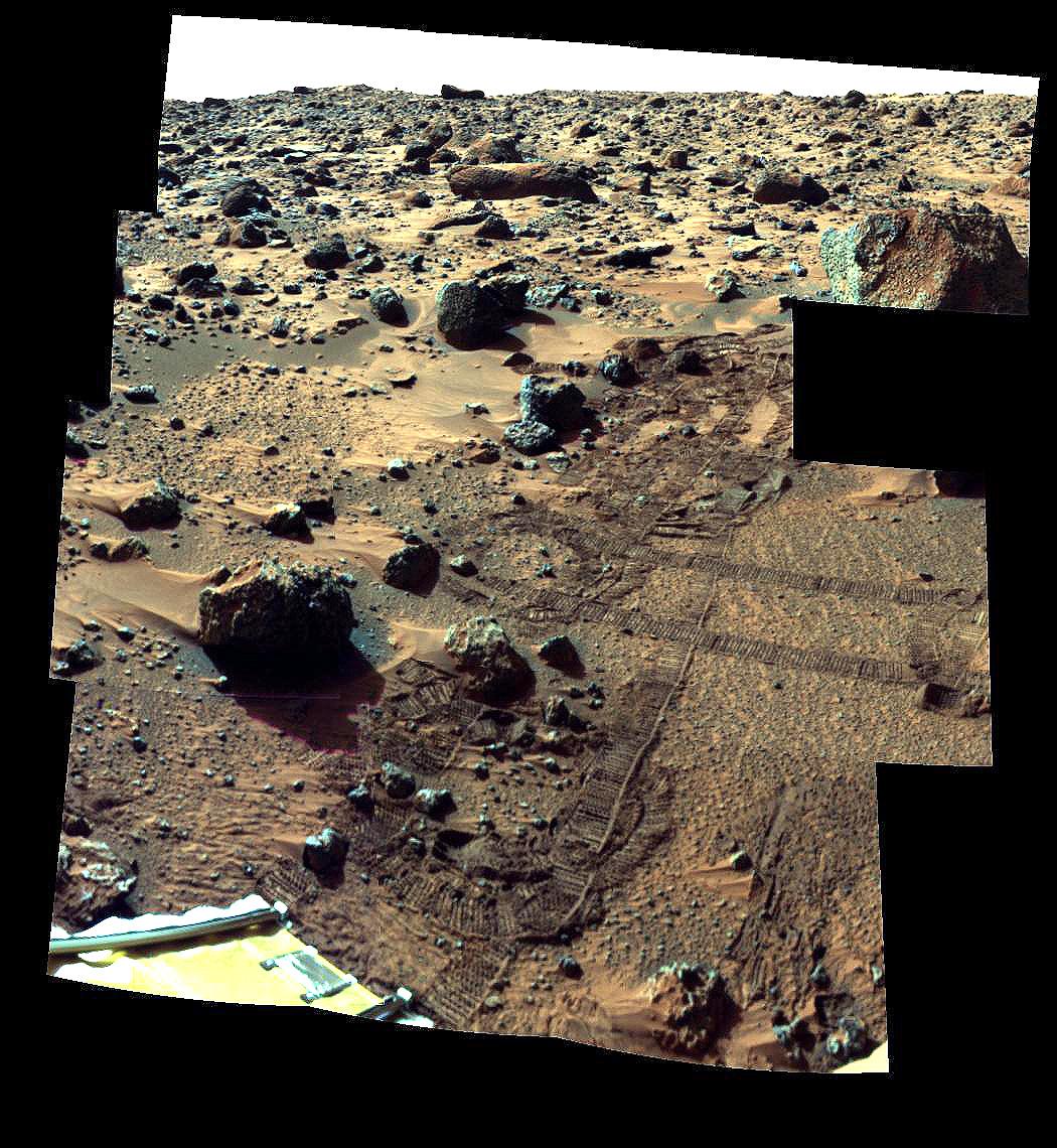 This image from NASA's Mars Pathfinder (MPF) shows important features around the rock nicknamed 'Barnacle Bill' in the left foreground.