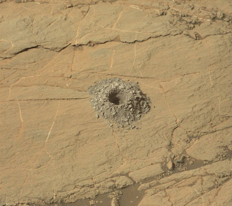 Close-up view of a drill hole on Mars