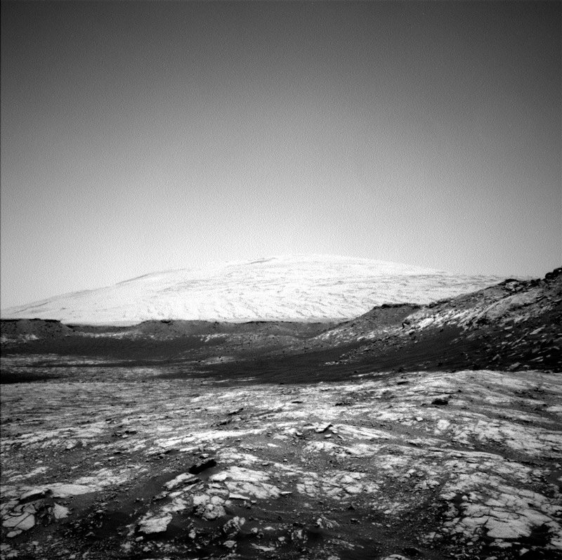 A black and white panorama of Mars