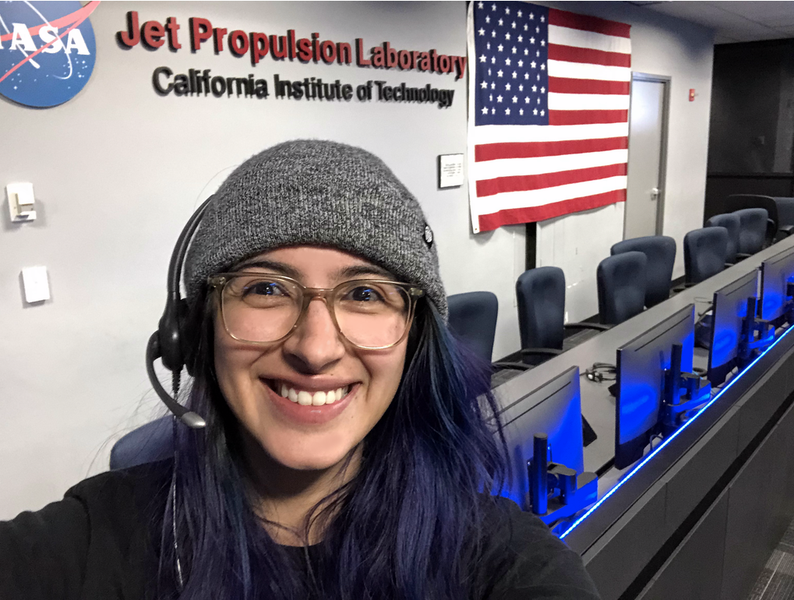 Christina Hernandez inside the mission control area at JPL.