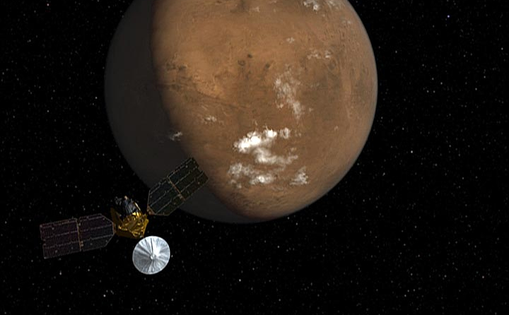 Illustration of the Mars Reconnaissance Orbiter’s approach phase to Mars orbit insertion.