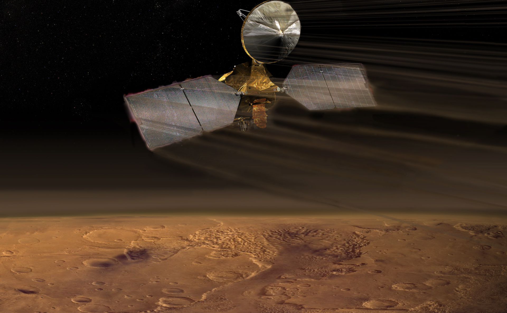 NASA's Mars Reconnaissance Orbiter dips into the thin Martian atmosphere to adjust its orbit in this artist's concept illustration.