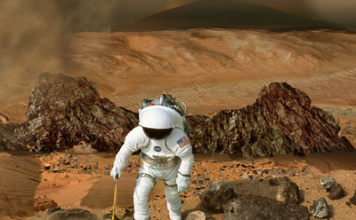 A concept photo depicting a human astronaut in a white suit walking on the surface of Mars