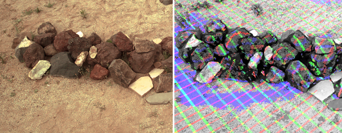 The left view is a sample view of a pile of rocks taken in the "Mars Yard" testing area at JPL. The right picture illustrates one way the camera data can be used to reveal the contours of a target from a distance.