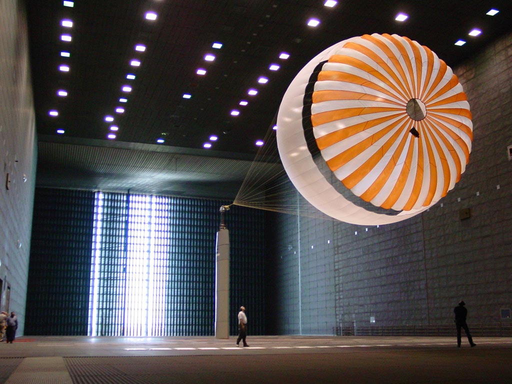 Mars Exploration Rover parachute deployment testing in the world's largest wind tunnel at NASA's Ames Research Center, Moffet Field, Calif.