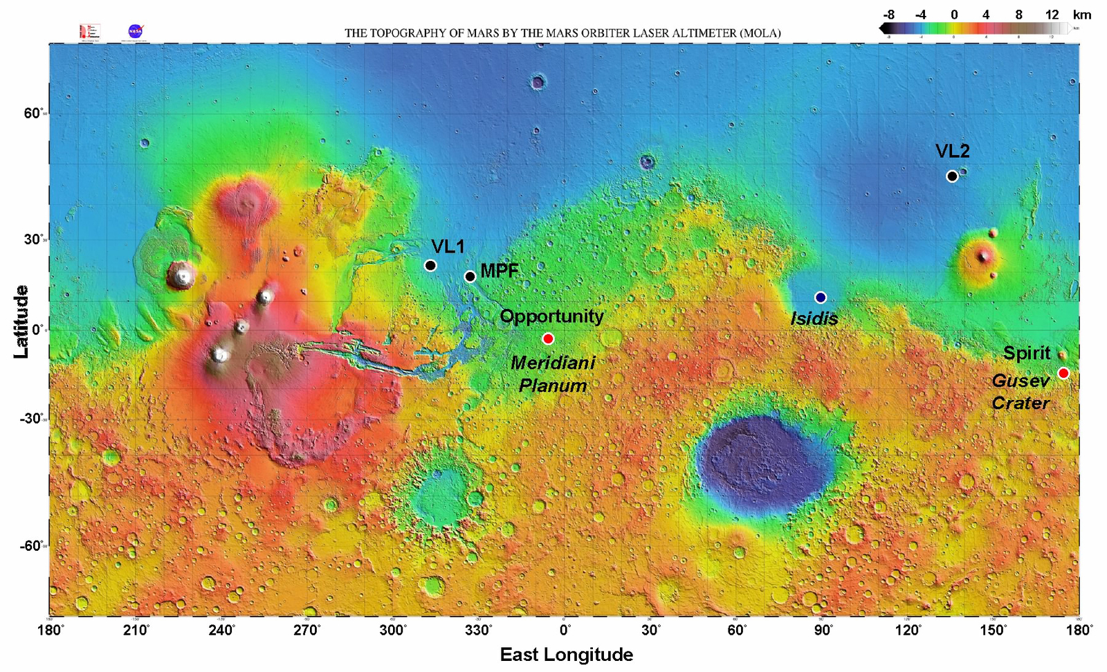 Locations of landers and rovers on Mars.