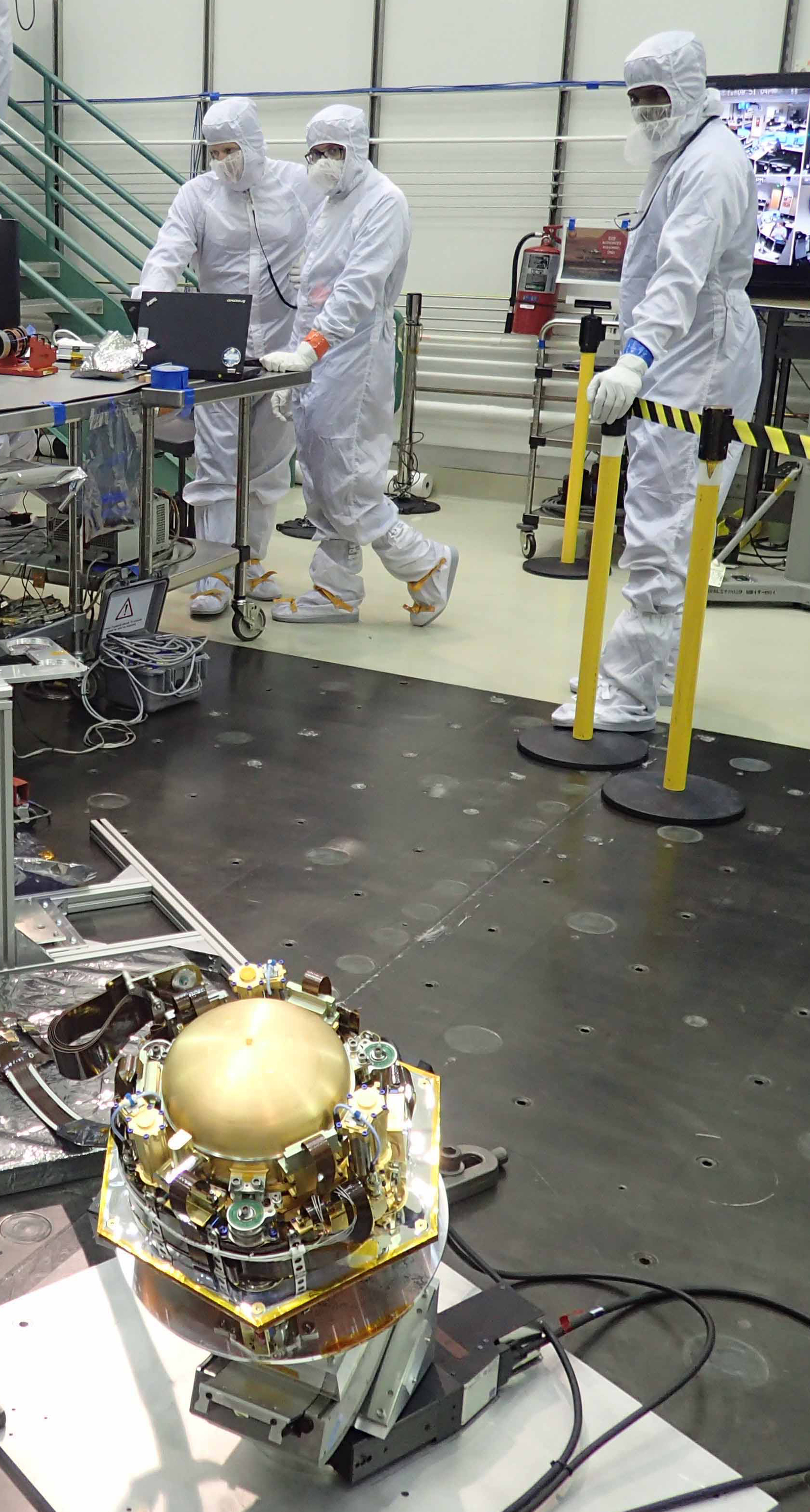 The Seismic Experiment for Interior Structure (SEIS) instrument for NASA's InSight mission to Mars undergoes a checkout in this photo taken July 20, 2017, in a Lockheed Martin clean room facility in Colorado. The SEIS was provided by France's national space agency (CNES).