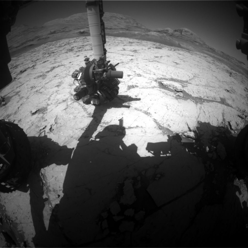 Hazcam image showing the APXS placed on the Fossemagne bedrock target on the morning of Sol 3134.