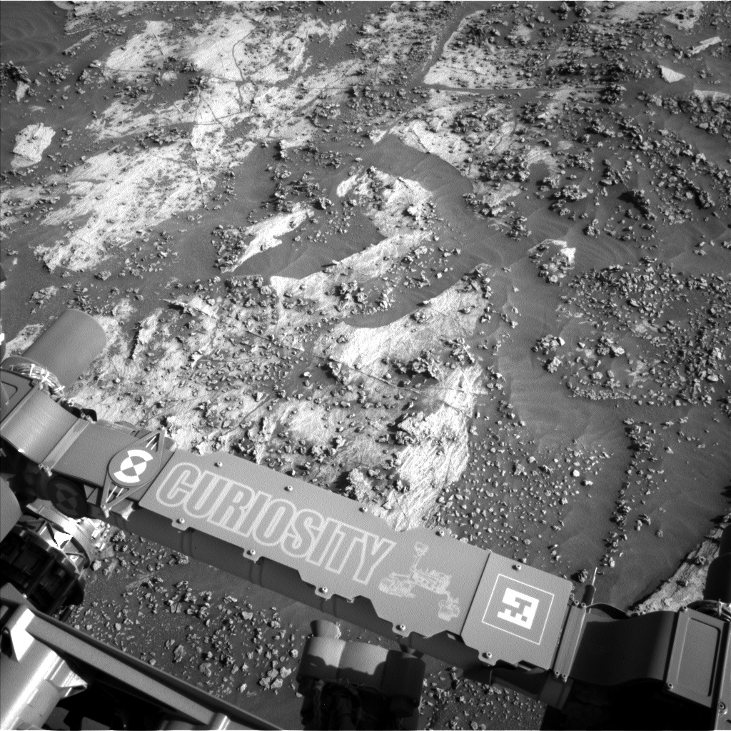 This black and white image of the rocky, sandy surface of Mars was taken by the Curiosity rover. A lot of small rocks are scattered on the smooth,sandy sandy  surface.
