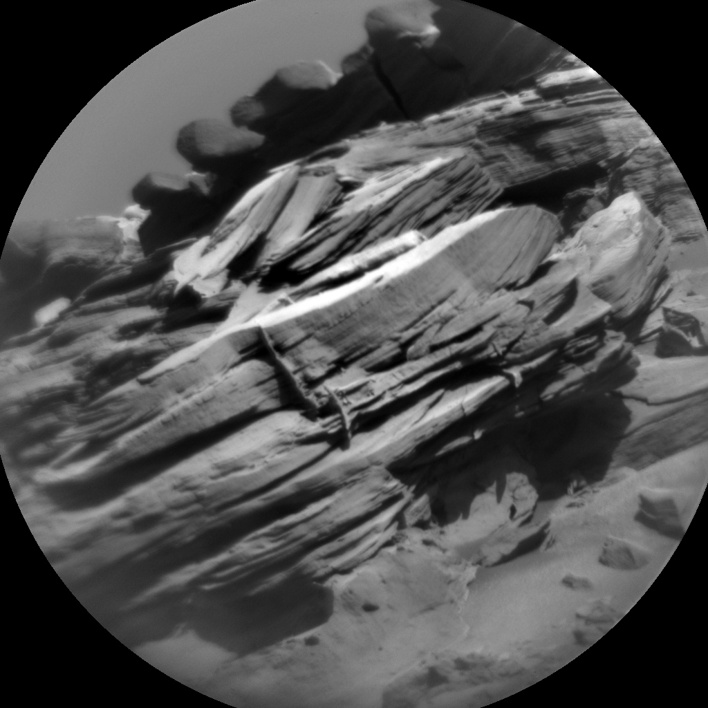 An example of one frame of the long distance, ChemCam RMI of the pediment caprock we have been acquiring while parked at the Zechstein drill site (taken on Sol 3299).