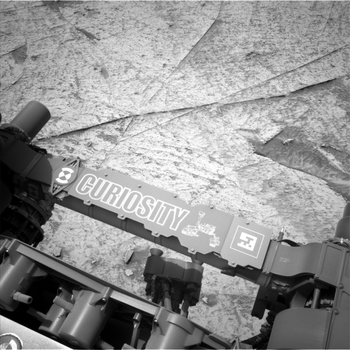 This image shows Curiosity's name plate and was taken by Left Navigation Camera onboard Curiosity on Sol 3509.