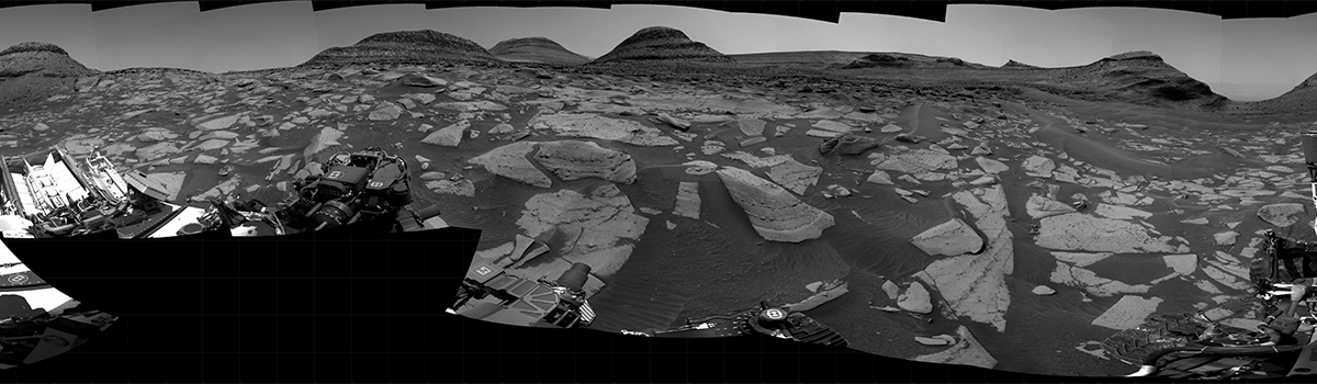 This seam-corrected mosaic provides a 360-degree cylindrical projection panorama of the Martian surface centered at 172 degrees azimuth and the images used were taken on August 28, 2022, Sol 3576 of the Mars Science Laboratory mission at drive 966, site number 97.