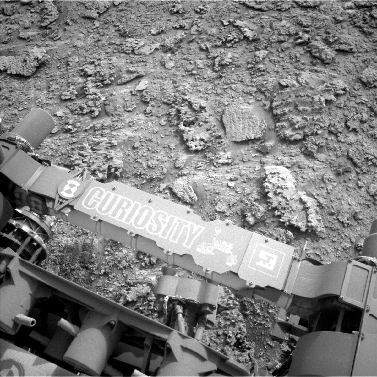 This image shows Curiosity's nameplate and was taken by Left Navigation Camera onboard NASA's Mars rover Curiosity on Sol 3638.