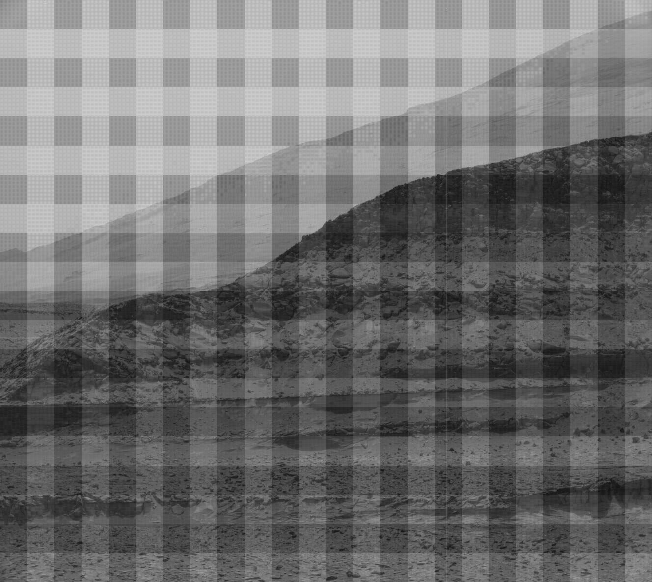 One Mastcam image that will be stitched together to make a large mosaic of the hills in the distance along the rover’s upcoming traverse.