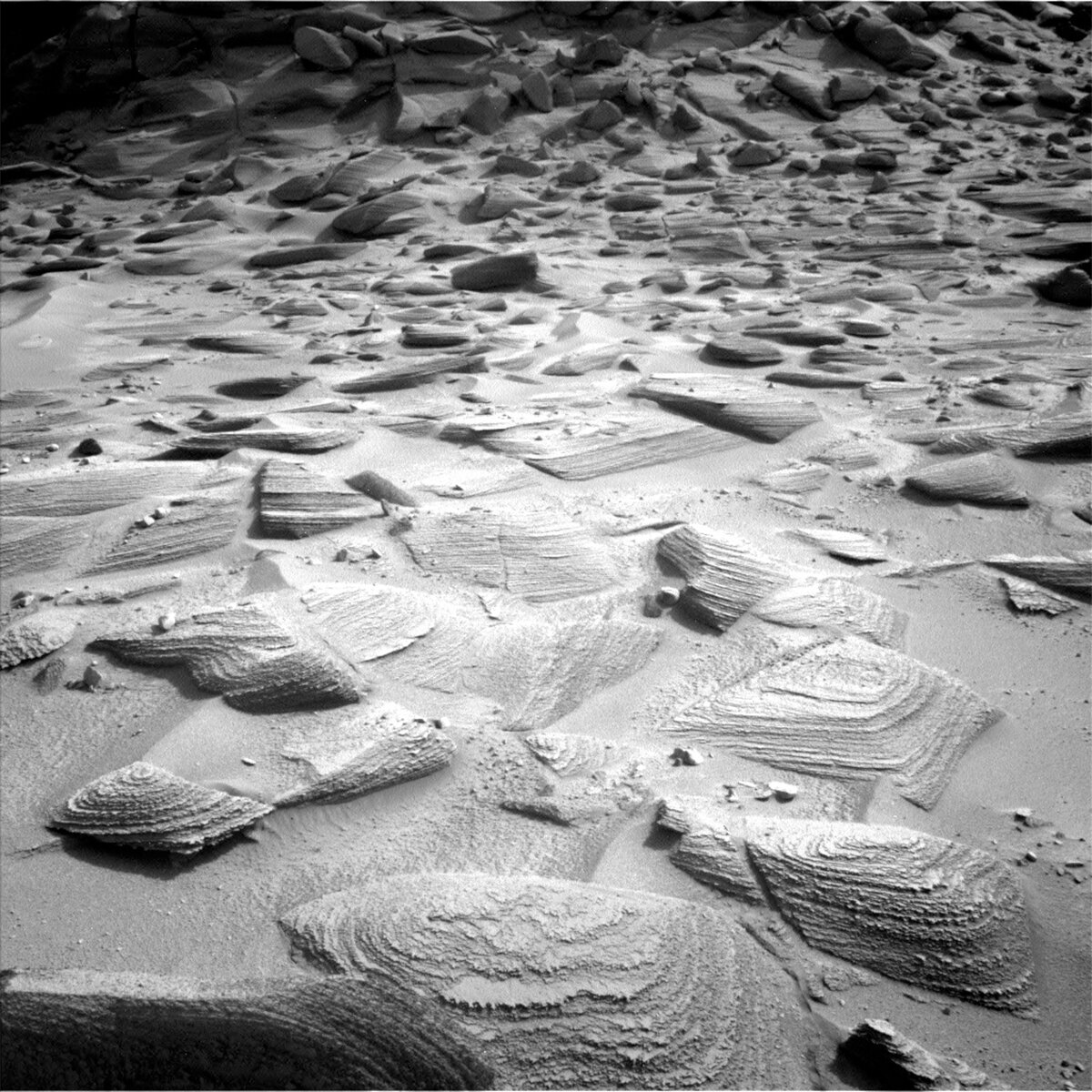 This image of rock formations on the Martian surface in grayscale was taken by Curiosity on sol 3778.