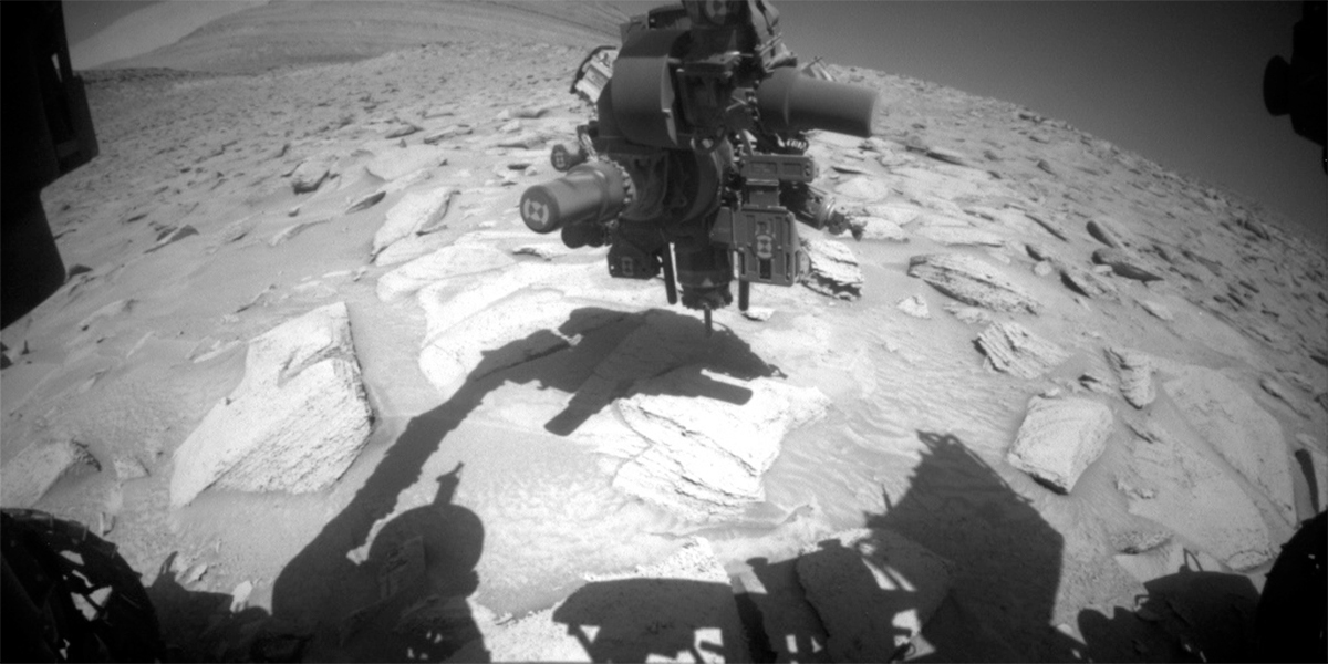 This image of Curiosity's drill was taken by Front Hazard Avoidance Camera (Front Hazcam) onboard NASA's Mars rover Curiosity on Sol 3823. Credits: NASA/JPL-Caltech.