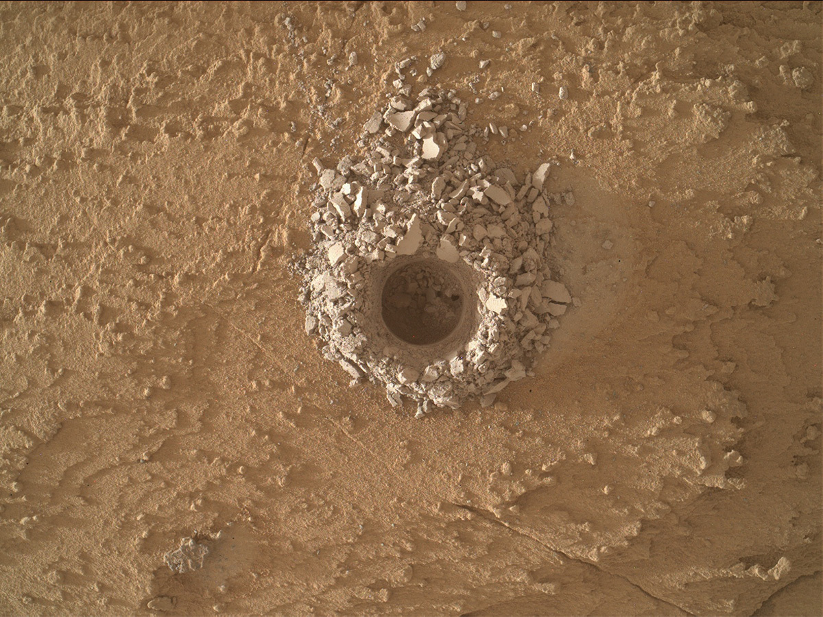 NASA's Mars rover Curiosity acquired this image of a drill hole on the Mars surface using its Mars Hand Lens Imager (MAHLI), located on the turret at the end of the rover's robotic arm, on May 20, 2023, or Sol 3834.