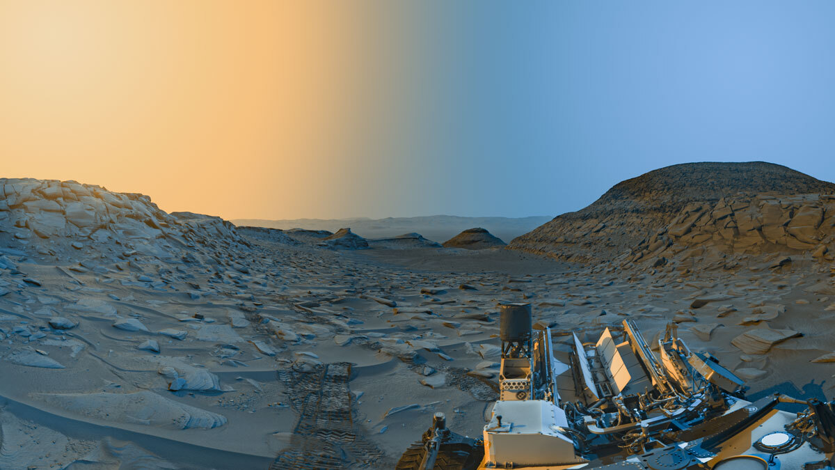 Curiosity's 'Postcard' of 'Marker Band Valley': NASA's Curiosity Mars rover used its black-and-white navigation cameras to capture panoramas at two times of day on April 8, 2023. Credits: NASA/JPL-Caltech. Download image ›