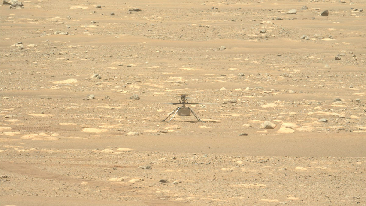 NASA's Mars Perseverance rover acquired this image of the Ingenuity Mars Helicopter using its Left Mastcam-Z camera, on Apr. 16, 2021 (Sol 55).