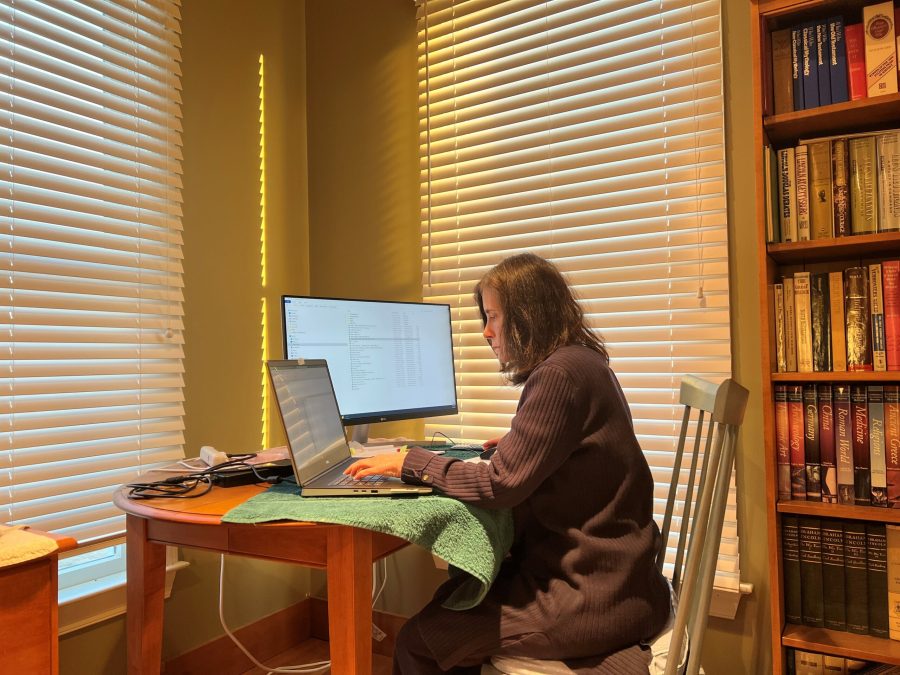 A woman with dark brown hair wearing a brown sweater sits at a desk facing the left side of the picture. On the desk is a green mat, and a laptop and a monitor sit upon the mat. The desk sits in the corner of a room. There is a window on each wall, and the blinds are closed. To the right of the picture, a portion of a bookshelf can be seen.