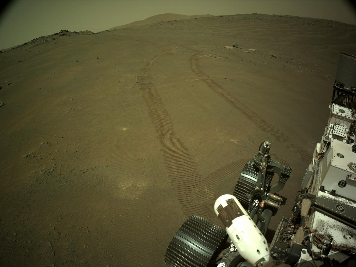 NASA's Mars Perseverance rover acquired this image using its onboard Left Navigation Camera (Navcam). The camera is located high on the rover's mast and aids in driving.