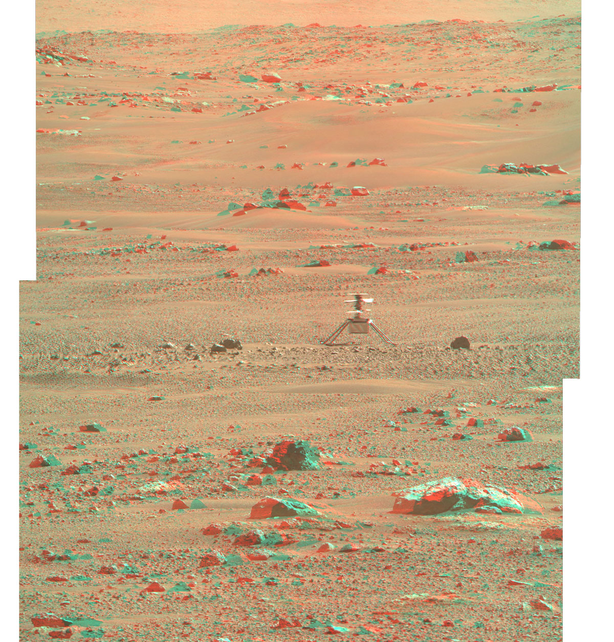 NASA's Ingenuity Mars Helicopter is seen here in 3D using images taken June 6, 2021, by the left and right Mastcam-Z cameras aboard NASA’s Perseverance Mars rover.