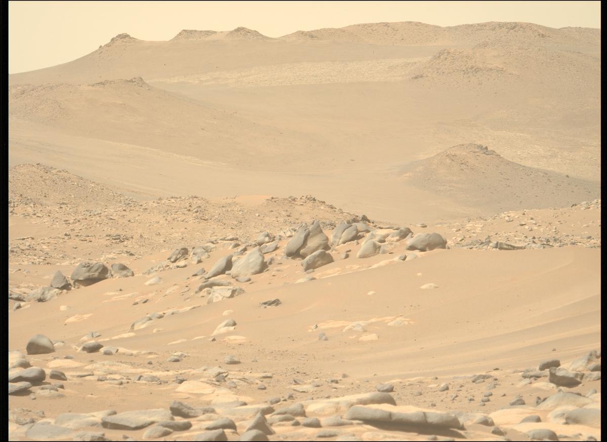 Mastcam-Z image showing bright, light-toned outcrops near the Jezero Crater Rim (upper center) approximately 4 km away, with darker toned boulders in foreground (center).