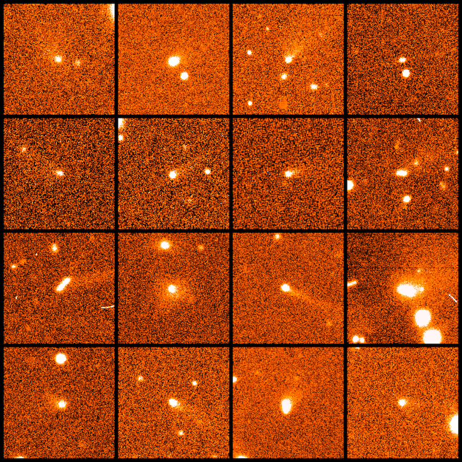 A grid of sixteen square images showing the sequential progression of a comet moving across the night sky, captured in time-lapse photography. Each frame presents the comet as a bright point with an increasingly pronounced tail, moving diagonally from the top-left to the bottom-right corner against a dense backdrop of stars. The comet's brightness and the length of its tail appear to intensify as it traverses the field of stars.
