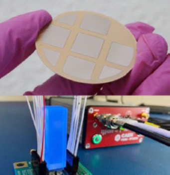 Top Image: Polymer-based actuators on a 2-inch diameter silicon substrate
Bottom Image: Plastic scintillator block being read out with a silicon photomultiplier array.