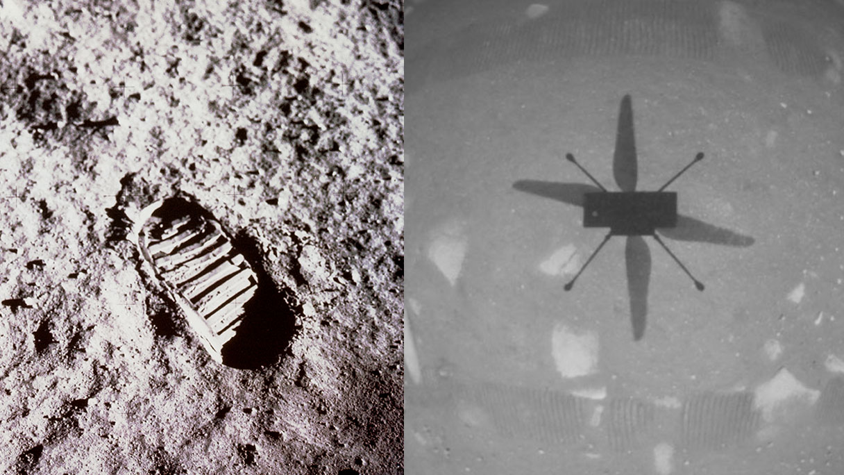 Left to right: Buzz Aldrin took this iconic image of a bootprint on the Moon during the Apollo 11 moonwalk on July 20, 1969. NASA's Ingenuity Mars Helicopter took this shot, capturing its own shadow, while hovering over the Martian surface on April 19, 2021, during the first instance of powered, controlled flight on another planet. It used its navigation camera, which autonomously tracks the ground during flight.