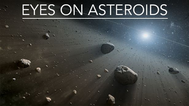 Eyes on Asteroids banner displaying an asteroid field in space with the Sun in the top right corner casting light on the asteroids and debris