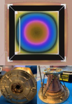 At the top of the image is a top-down view of a transition edge sensor bolometer design for use in the Far-Infrared. The bolometer uses novel phononic filtering to reduce the fundamental noise of the detector. At the bottom of the image are views of a cryogenic variable-temperature blackbody calibrator, used to illuminate and measure the optical efficiency of bolometric detectors. Both the blackbody calibrator and detector are operated below 0.1K, just barely above absolute zero temperature.
