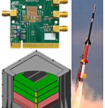 Upper left: circuit board with gold connectors on the left, bottom and right. The AstroPix chip sits in the middle mounted to the circuit board. Bottom left: a preliminary CAD model of the A-STEP payload which consists of a sliver cube and cut away to reveal 3 green layers separated by yellow standoffs and a pink base. Right: Image of a sounding rocket taking off.